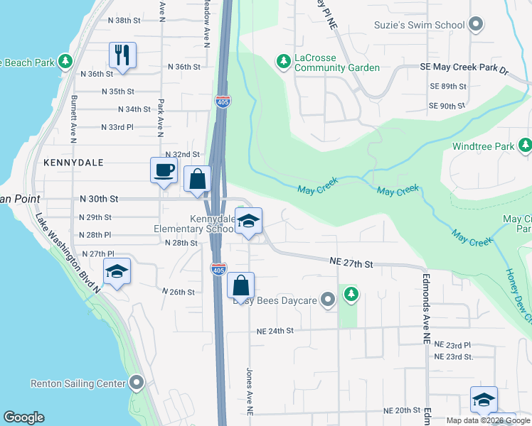 map of restaurants, bars, coffee shops, grocery stores, and more near 2958 Kennewick Place Northeast in Renton