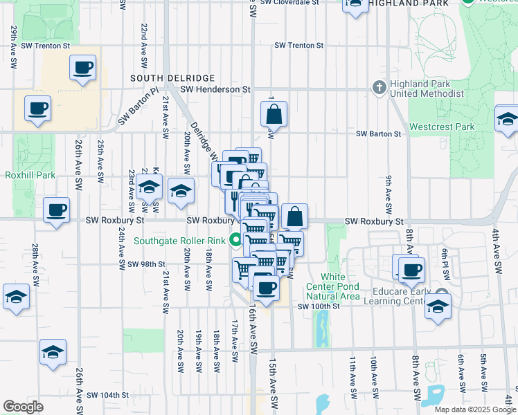 map of restaurants, bars, coffee shops, grocery stores, and more near 9420 16th Avenue Southwest in Seattle