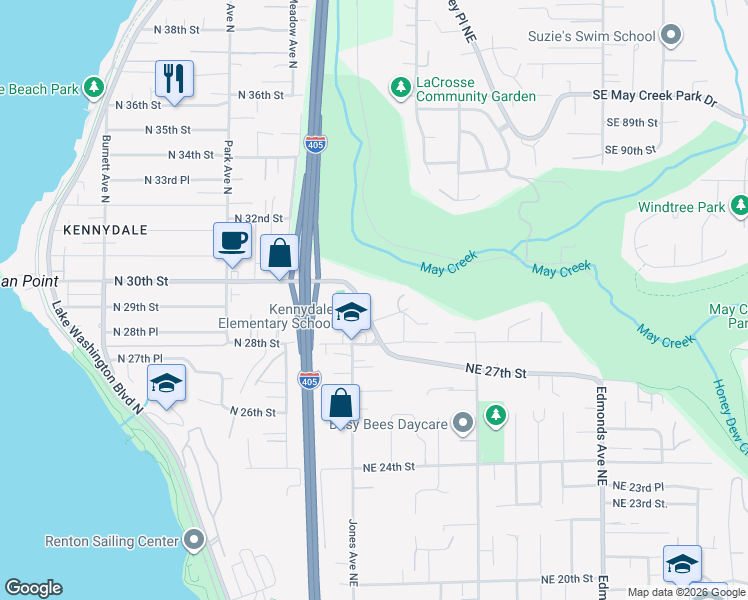 map of restaurants, bars, coffee shops, grocery stores, and more near 2958 Kennewick Place Northeast in Renton