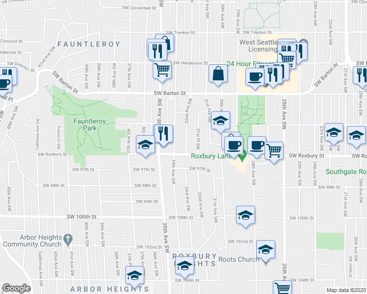 map of restaurants, bars, coffee shops, grocery stores, and more near 9351 32nd Avenue Southwest in Seattle