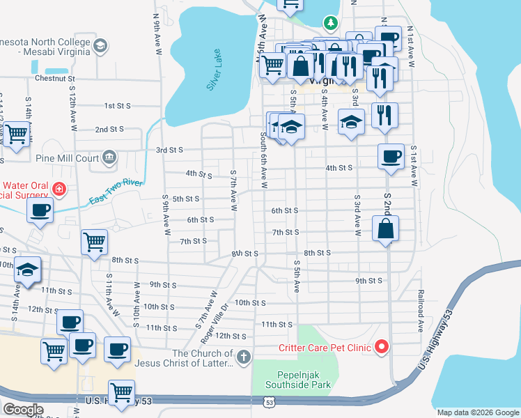 map of restaurants, bars, coffee shops, grocery stores, and more near 610 5th Street South in Virginia