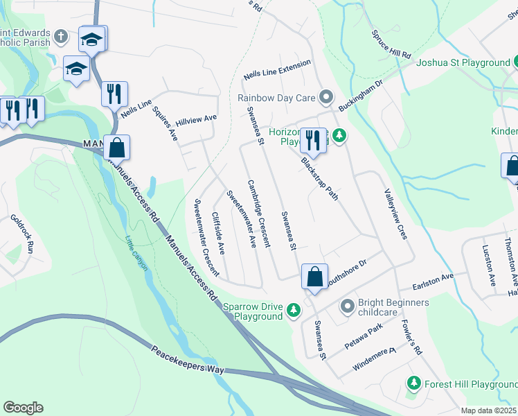 map of restaurants, bars, coffee shops, grocery stores, and more near Cambridge Crescent in Conception Bay South