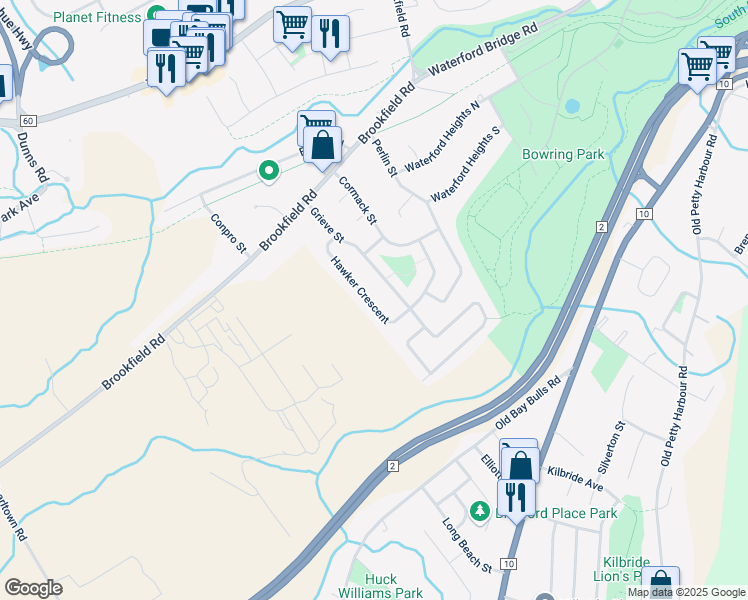 map of restaurants, bars, coffee shops, grocery stores, and more near 37 Hawker Crescent in St. John's