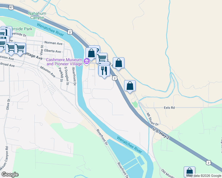 map of restaurants, bars, coffee shops, grocery stores, and more near 130 Titchenal Way in Cashmere