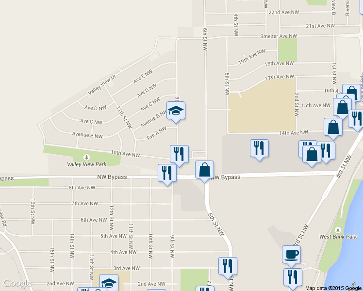 map of restaurants, bars, coffee shops, grocery stores, and more near 1109 9th Street Northwest in Great Falls