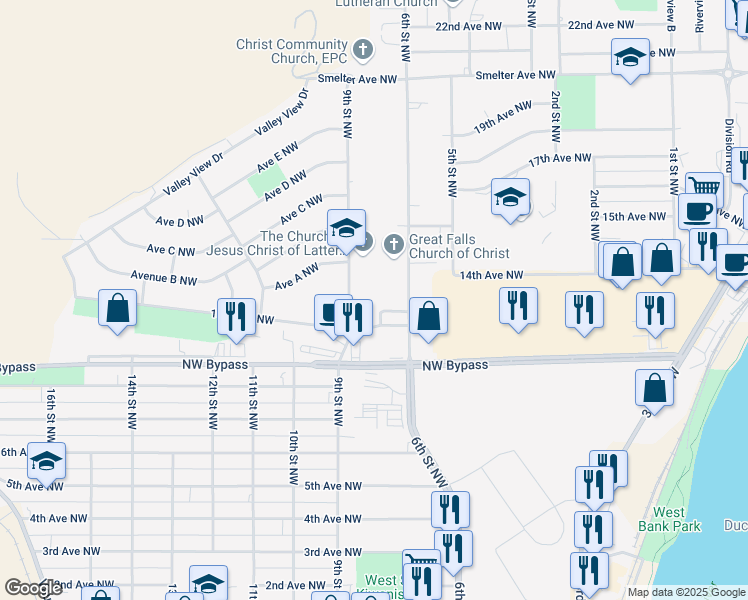 map of restaurants, bars, coffee shops, grocery stores, and more near 1117 9th Street Northwest in Great Falls