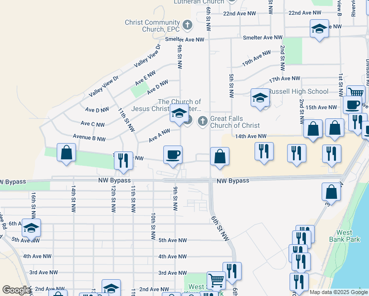 map of restaurants, bars, coffee shops, grocery stores, and more near 1109 9th Street Northwest in Great Falls