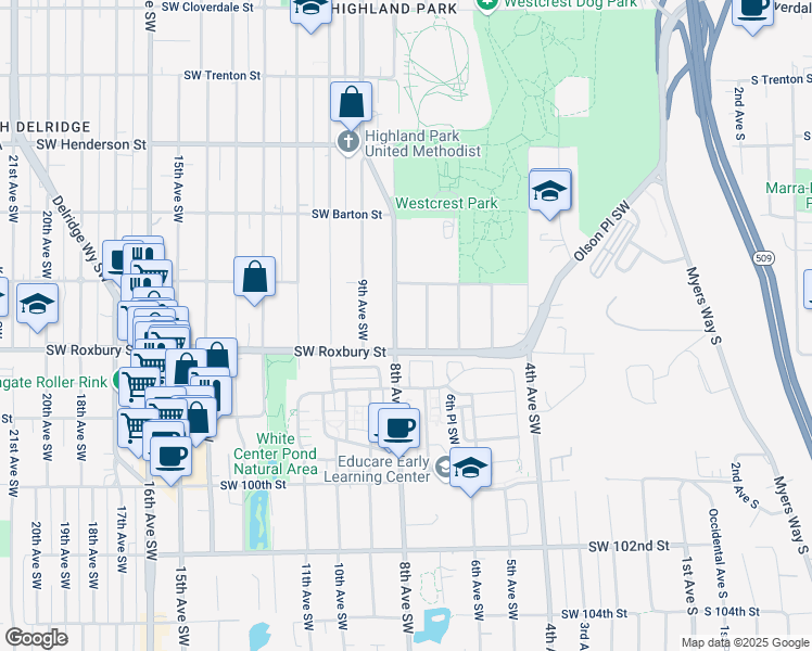 map of restaurants, bars, coffee shops, grocery stores, and more near 9421 7th Avenue Southwest in Seattle