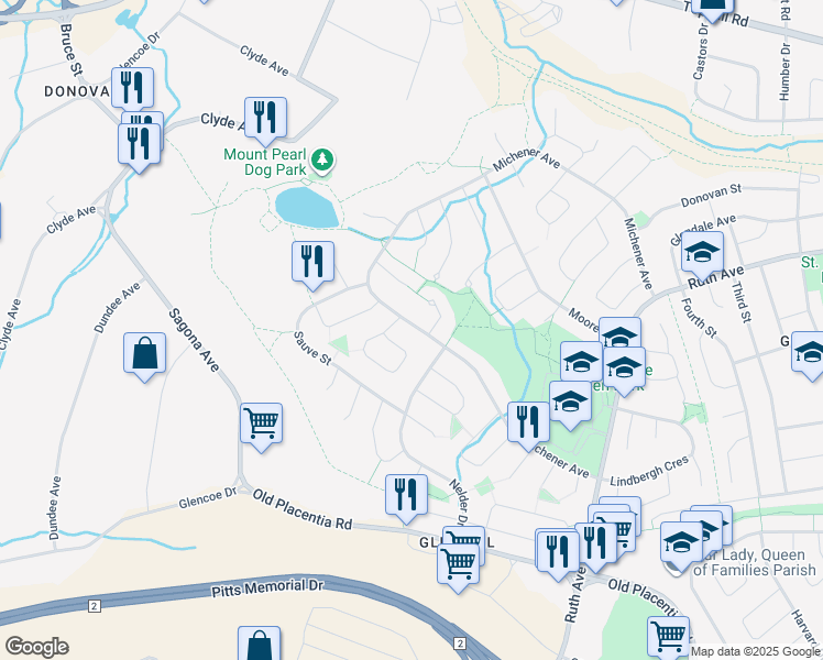 map of restaurants, bars, coffee shops, grocery stores, and more near 2 Lidstone Crescent in Mount Pearl