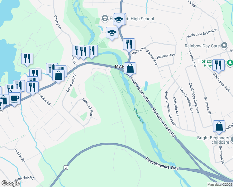 map of restaurants, bars, coffee shops, grocery stores, and more near 35 Easons Road in Conception Bay South