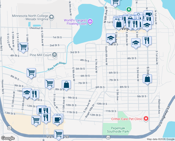 map of restaurants, bars, coffee shops, grocery stores, and more near 715 5th Street South in Virginia