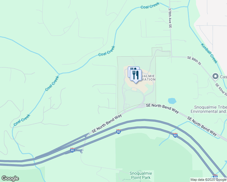 map of restaurants, bars, coffee shops, grocery stores, and more near 37124 Southeast 92nd Street in Snoqualmie