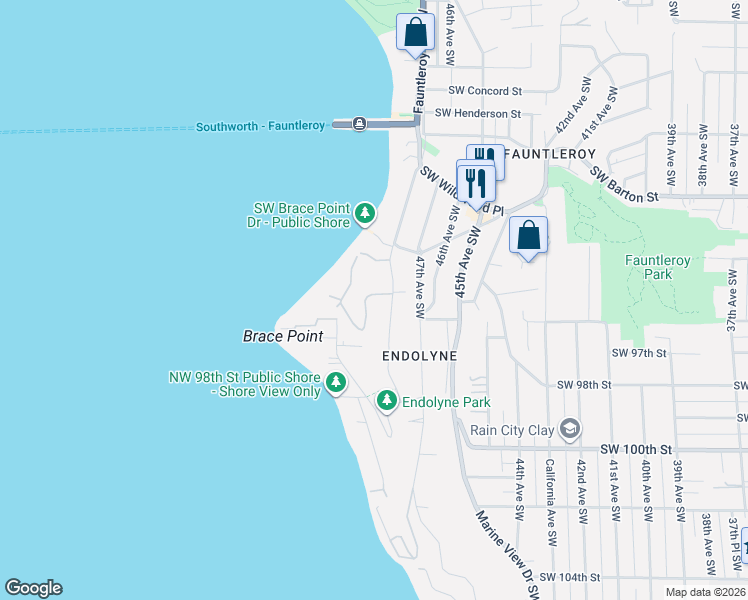 map of restaurants, bars, coffee shops, grocery stores, and more near 9345 Fauntleroy Way Southwest in Seattle