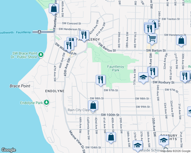 map of restaurants, bars, coffee shops, grocery stores, and more near 9345 Forest Court Southwest in Seattle