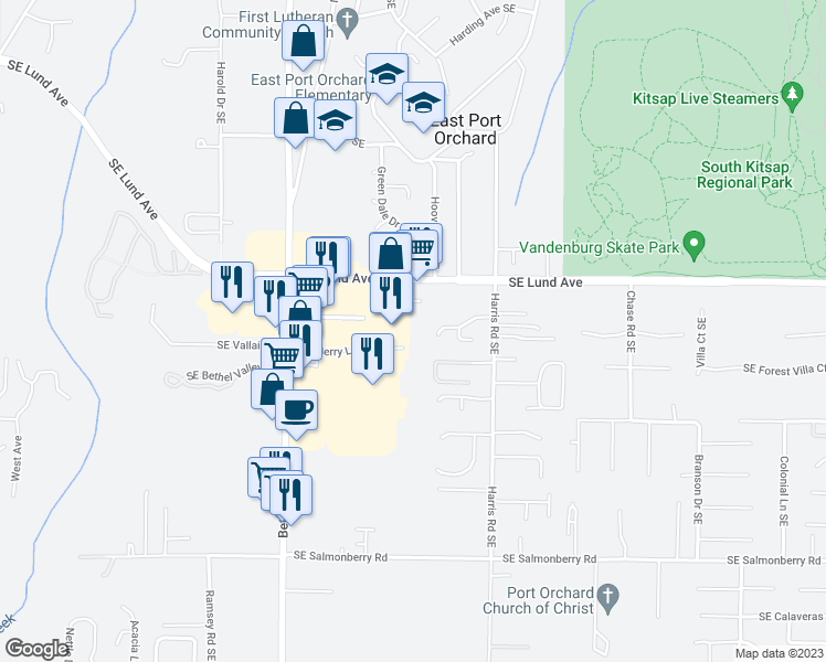 map of restaurants, bars, coffee shops, grocery stores, and more near 1900 Southeast Lund Avenue in Port Orchard
