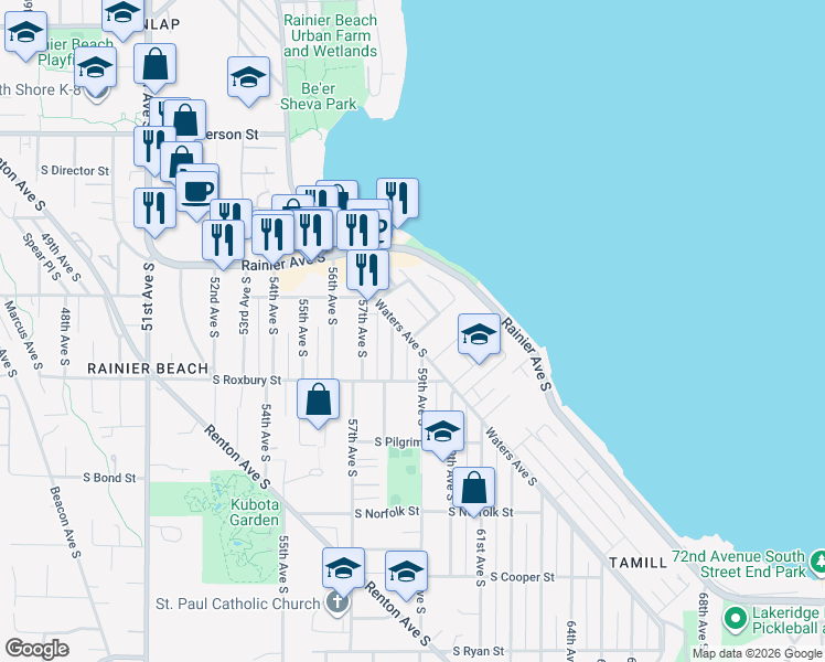 map of restaurants, bars, coffee shops, grocery stores, and more near 9340 Waters Avenue South in Seattle