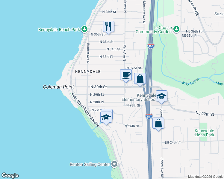 map of restaurants, bars, coffee shops, grocery stores, and more near 1116 North 30th Street in Renton