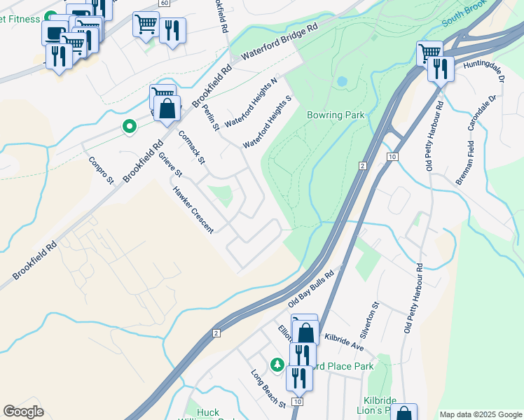 map of restaurants, bars, coffee shops, grocery stores, and more near 71 Perlin Street in St. John's
