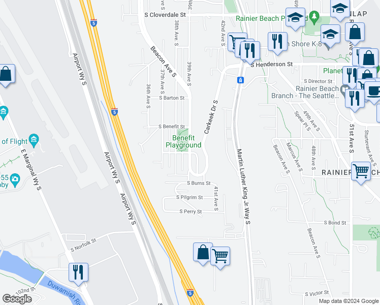 map of restaurants, bars, coffee shops, grocery stores, and more near 9399 39th Avenue South in Seattle