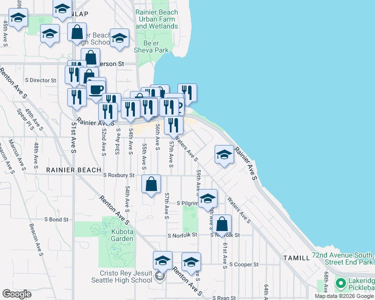 map of restaurants, bars, coffee shops, grocery stores, and more near 9323 Waters Avenue South in Seattle