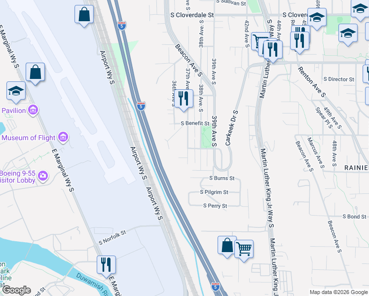 map of restaurants, bars, coffee shops, grocery stores, and more near 9336 37th Avenue South in Seattle