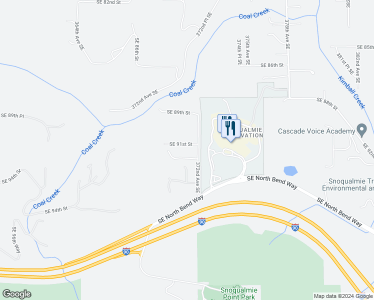 map of restaurants, bars, coffee shops, grocery stores, and more near 37124 Southeast 92nd Street in Snoqualmie