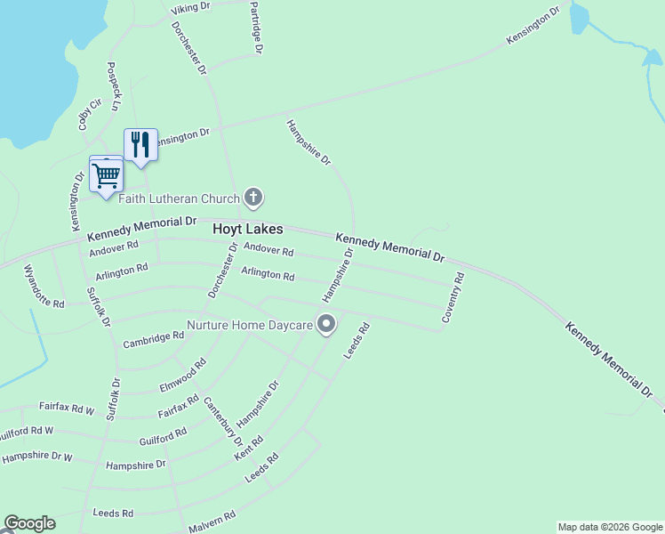 map of restaurants, bars, coffee shops, grocery stores, and more near 336 Andover Road in Hoyt Lakes