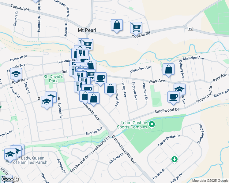 map of restaurants, bars, coffee shops, grocery stores, and more near 18 Burrage Avenue in Mount Pearl