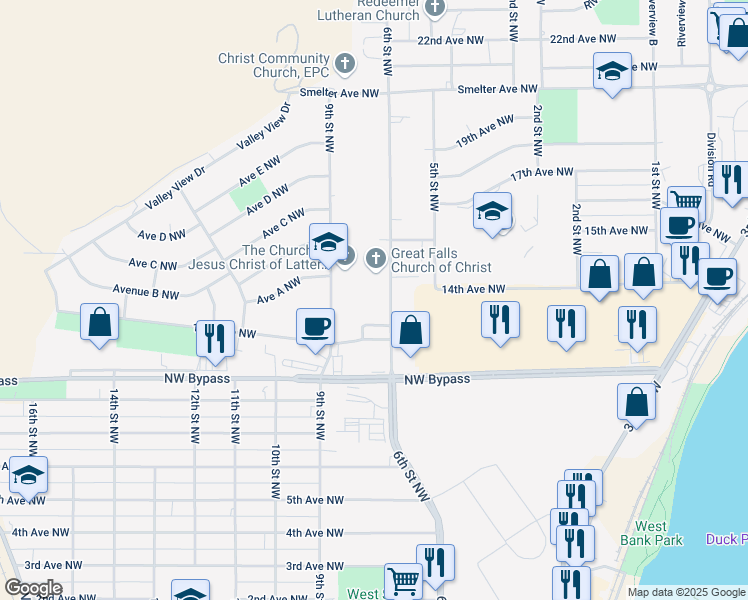 map of restaurants, bars, coffee shops, grocery stores, and more near 1117 9th Street Northwest in Great Falls
