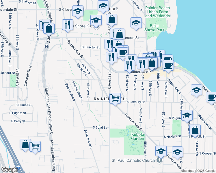 map of restaurants, bars, coffee shops, grocery stores, and more near 9314 Renton Avenue South in Seattle
