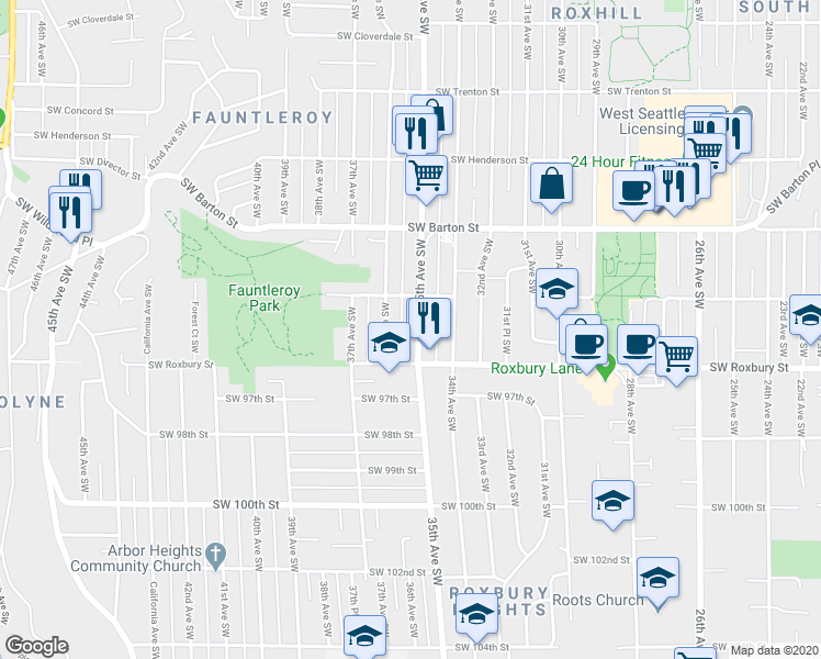 map of restaurants, bars, coffee shops, grocery stores, and more near 9423 35th Avenue Southwest in Seattle