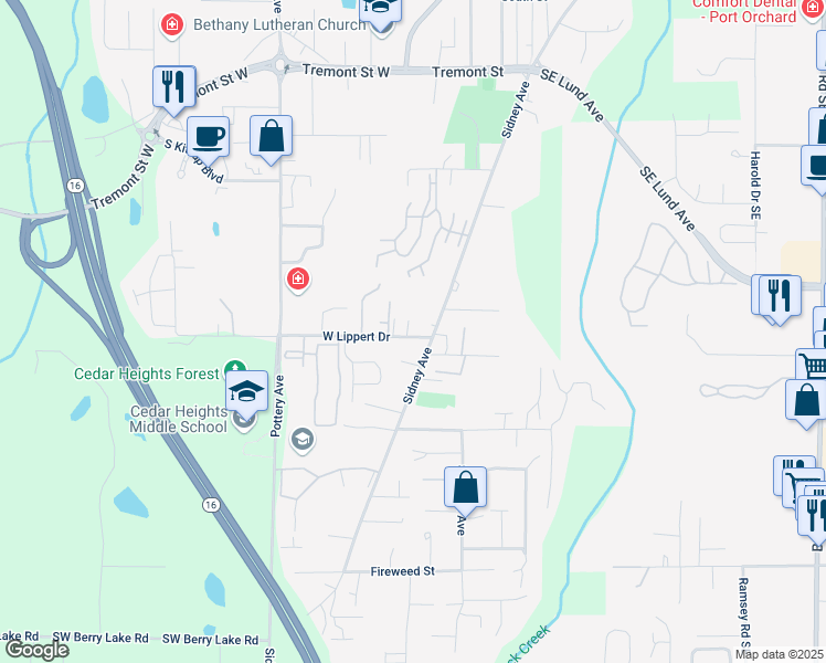 map of restaurants, bars, coffee shops, grocery stores, and more near 131 West Lippert Drive in Port Orchard
