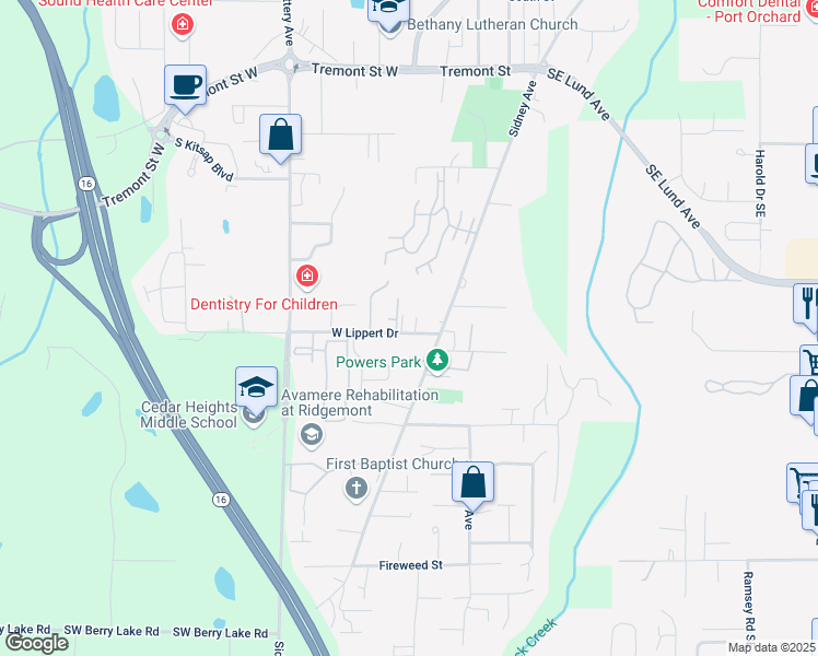 map of restaurants, bars, coffee shops, grocery stores, and more near 131 West Lippert Drive in Port Orchard