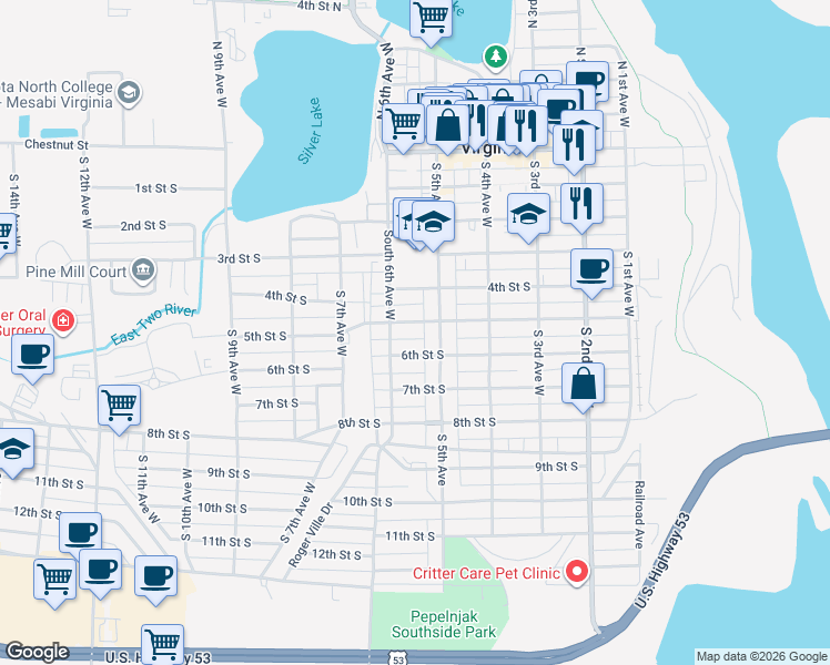 map of restaurants, bars, coffee shops, grocery stores, and more near 508 5th Street South in Virginia