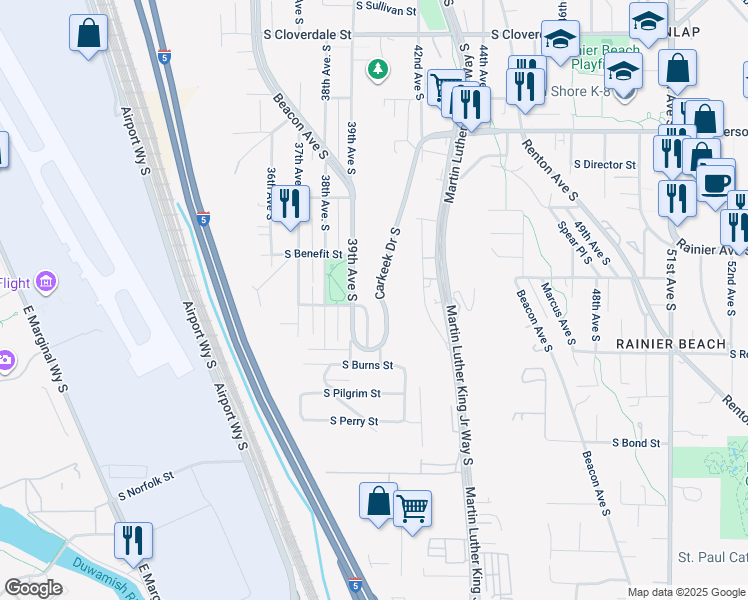 map of restaurants, bars, coffee shops, grocery stores, and more near 9341 Carkeek Drive South in Seattle