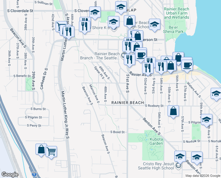map of restaurants, bars, coffee shops, grocery stores, and more near 4817 49th Avenue South in Seattle