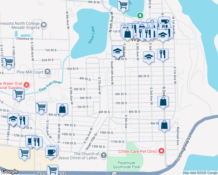 map of restaurants, bars, coffee shops, grocery stores, and more near 610 5th Street South in Virginia