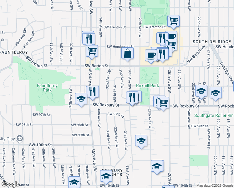 map of restaurants, bars, coffee shops, grocery stores, and more near 9350 31st Place Southwest in Seattle