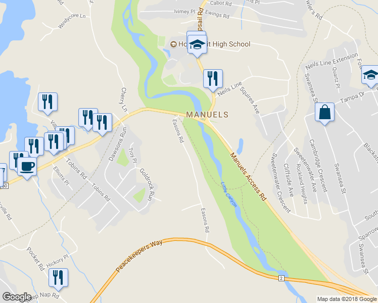 map of restaurants, bars, coffee shops, grocery stores, and more near 35 Easons Road in Conception Bay South