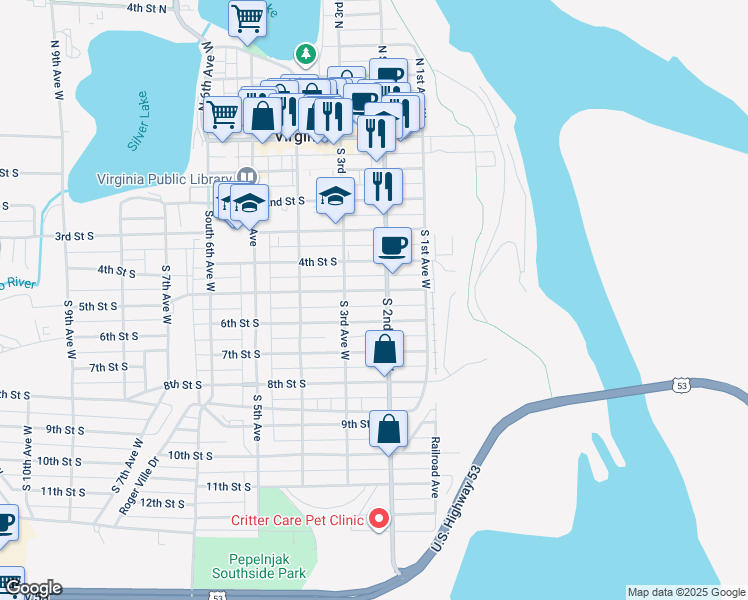 map of restaurants, bars, coffee shops, grocery stores, and more near 212 5th Street South in Virginia