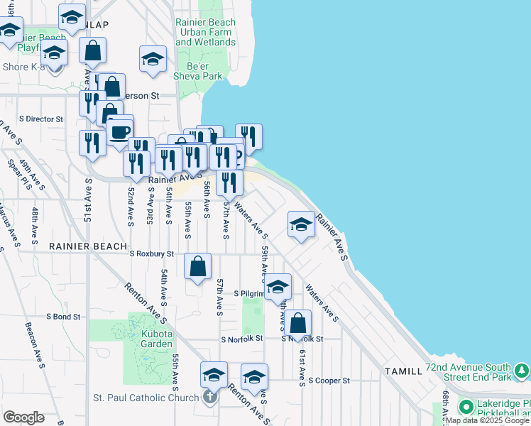 map of restaurants, bars, coffee shops, grocery stores, and more near 9335 Lima Terrace South in Seattle
