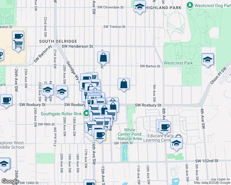 map of restaurants, bars, coffee shops, grocery stores, and more near 9421 13th Avenue Southwest in Seattle