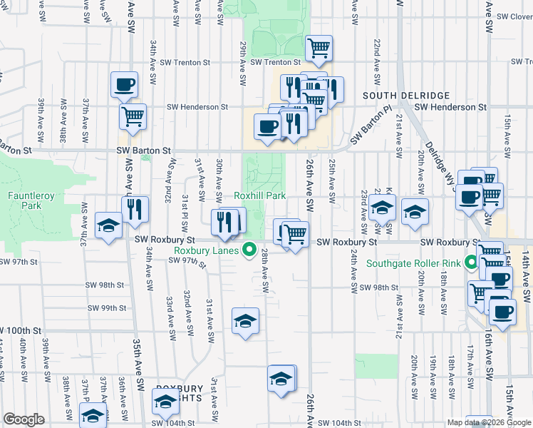 map of restaurants, bars, coffee shops, grocery stores, and more near 9409 27th Avenue Southwest in Seattle