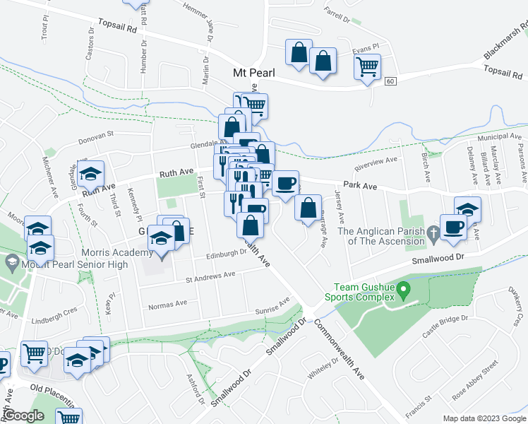 map of restaurants, bars, coffee shops, grocery stores, and more near 5 Centennial Street in Mount Pearl