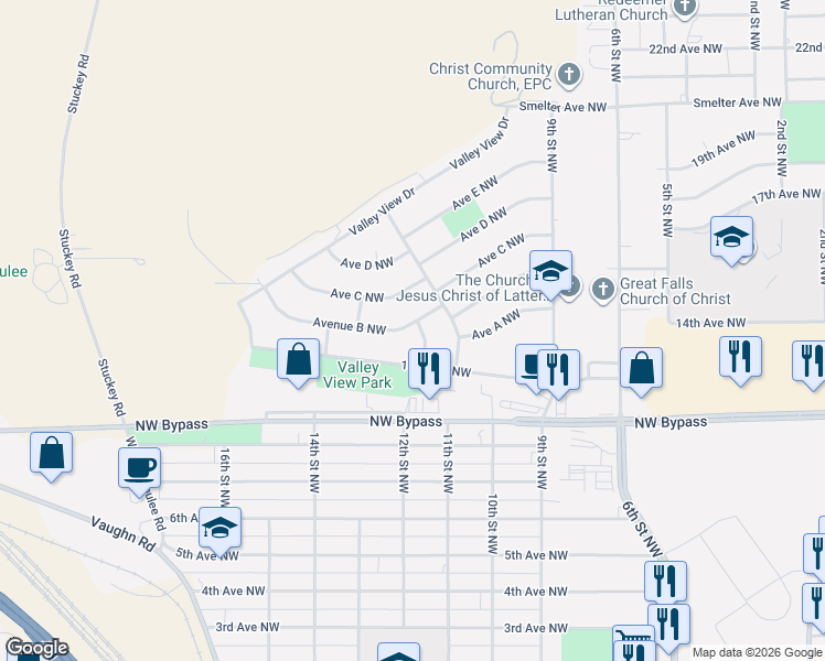 map of restaurants, bars, coffee shops, grocery stores, and more near 1011 12th Street Northwest in Great Falls