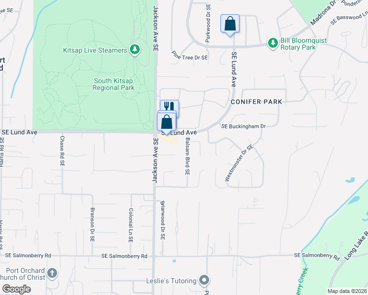 map of restaurants, bars, coffee shops, grocery stores, and more near 3290 Balsam Boulevard Southeast in Port Orchard