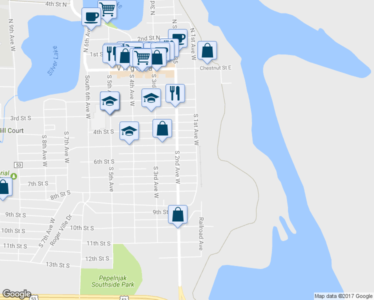map of restaurants, bars, coffee shops, grocery stores, and more near 116 5th Street South in Virginia