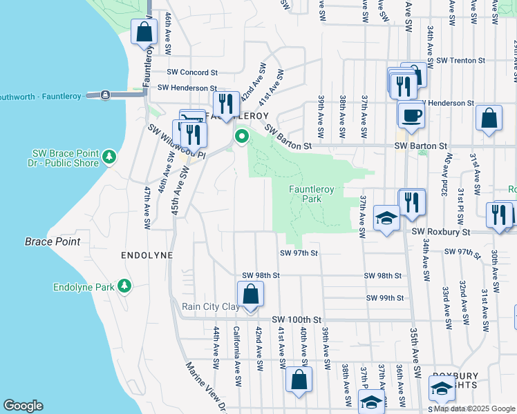 map of restaurants, bars, coffee shops, grocery stores, and more near 9345 Forest Court Southwest in Seattle