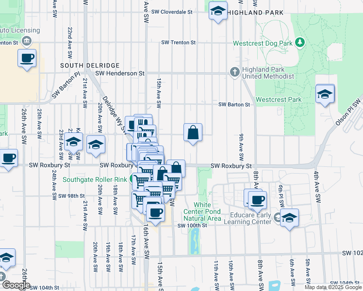 map of restaurants, bars, coffee shops, grocery stores, and more near 9421 13th Avenue Southwest in Seattle