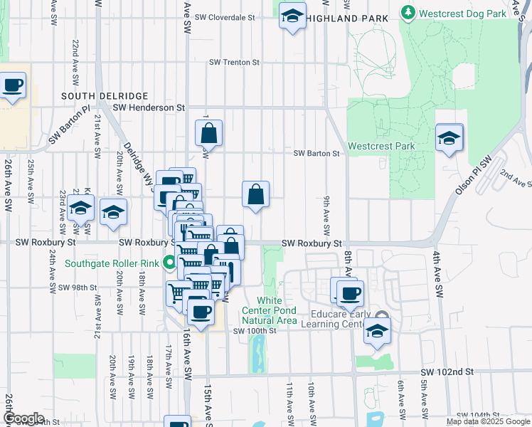 map of restaurants, bars, coffee shops, grocery stores, and more near 9418 12th Avenue Southwest in Seattle